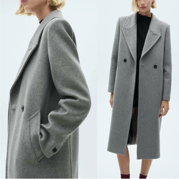 MANGO NWT Gray Lapels Wool Trench Coat Oversized Double Breasted Long Wool Coat - Picture 6 of 14